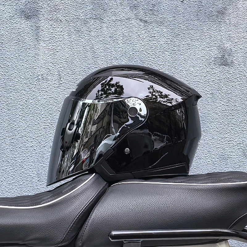 Close-up of double lens mechanism on safety motorcycle helmet