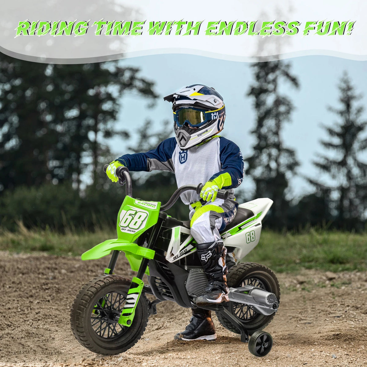 young child riding electric motorcycle with training wheels