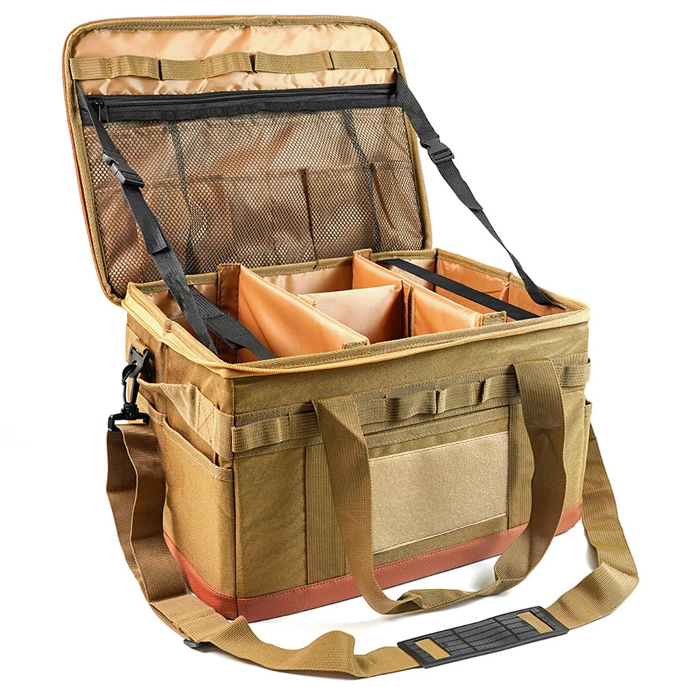 30L Camping Cooking Utensil Organizer Large Capacity Hard Picnic Storage Bag Detachable Multifunctional Utility Camping Supplies Khaki