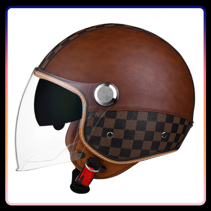 Motorcycle Helmet Handmade Leather Men Women Open Face Helmet Double Visor Jet Helmets