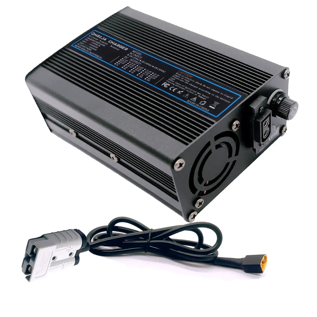 54.6V 5A Smart Lithium Battery Fast Charger for 48V 13S Battery Packs with rugged aluminum shell and cooling fan.