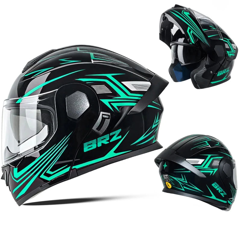 DOT Certified ABS Flip-Up Helmet - Lightweight & Compact, Round Smooth Design for Men/Women Green line