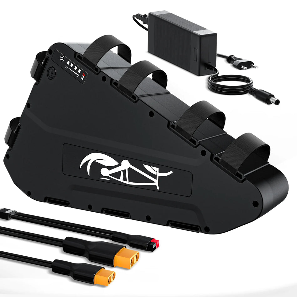 Side profile of Polly 52V/72V battery installed on electric bike frame