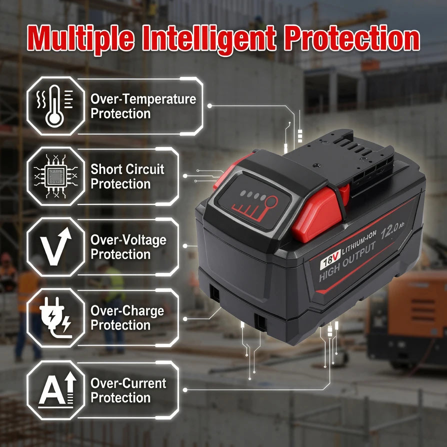 Side profile of heavy-duty 12.0Ah cordless power tool battery