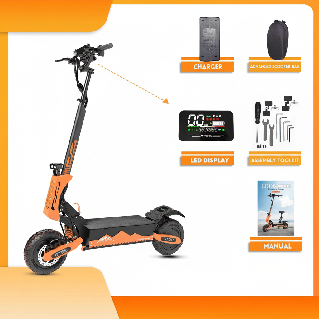 Side profile of the Arwibon 5600W dual motor electric scooter parked outdoors