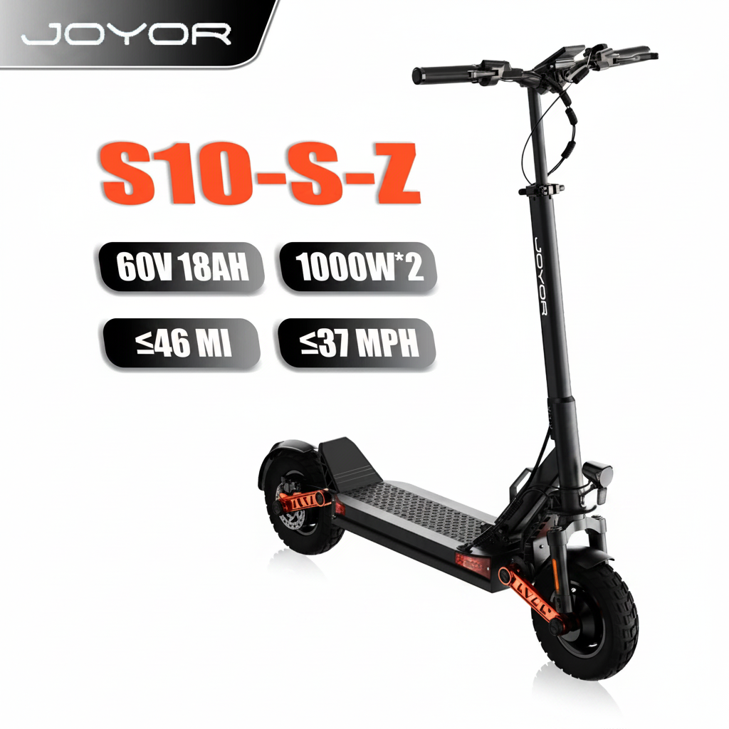 Side profile of the JOYOR S10-S-Z dual motor electric scooter parked outdoors