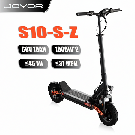 Side profile of the JOYOR S10-S-Z dual motor electric scooter parked outdoors