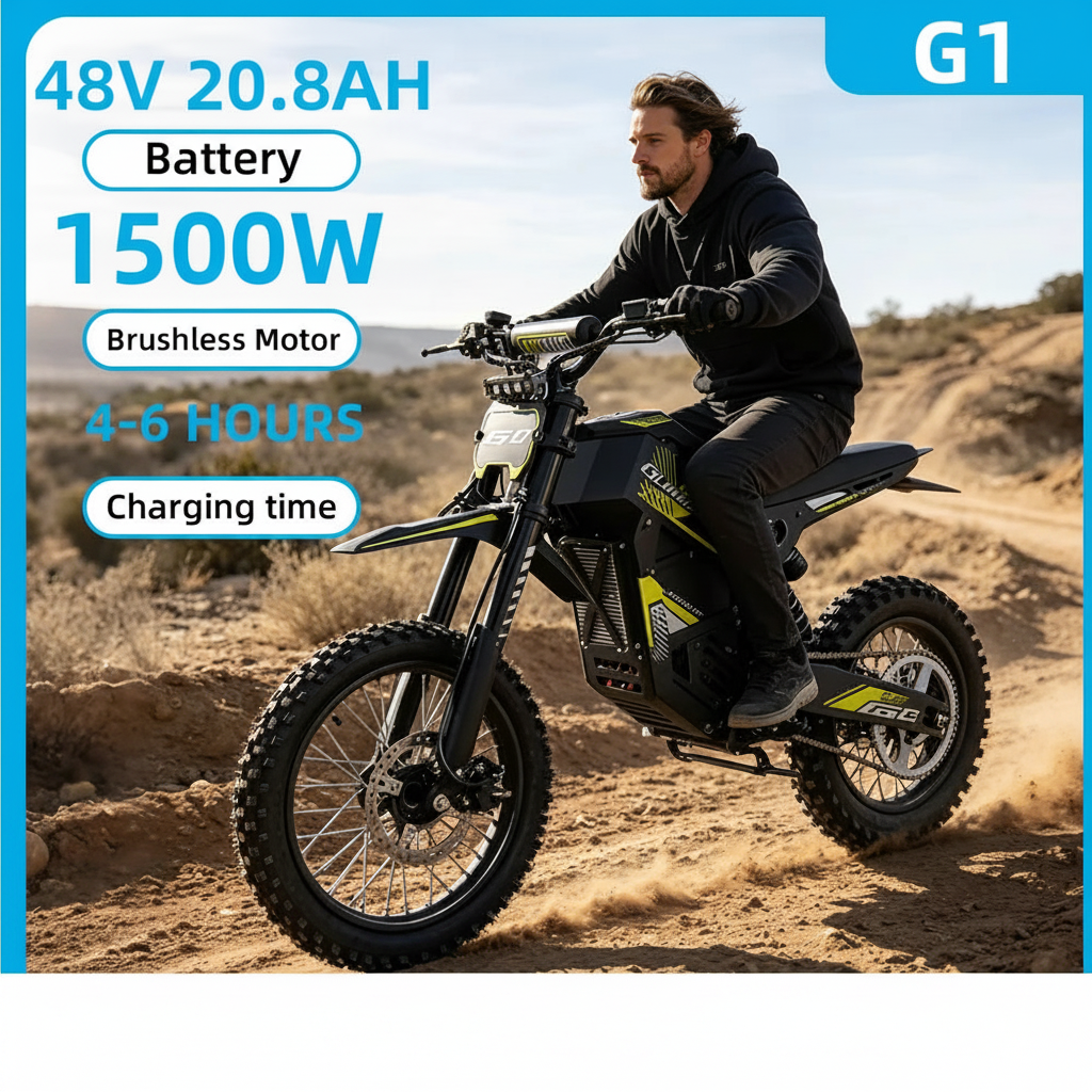 Side profile of the New G1 electric dirt bike parked on a dirt trail.