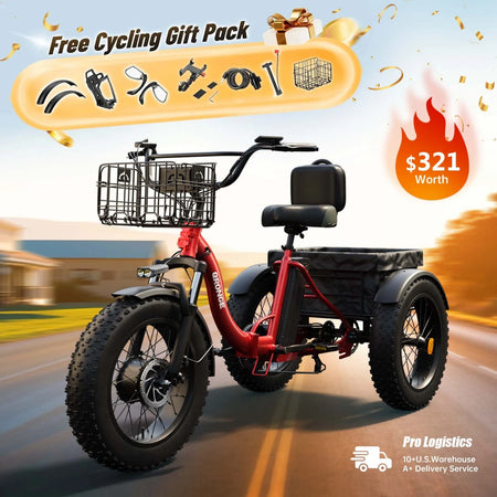 Side profile of the QRONGE adult electric trike highlighting the 36V 20AH battery placement.
