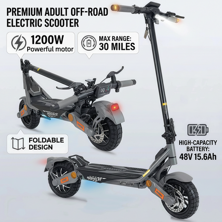 Side profile of the folded 1200W electric scooter for easy storage