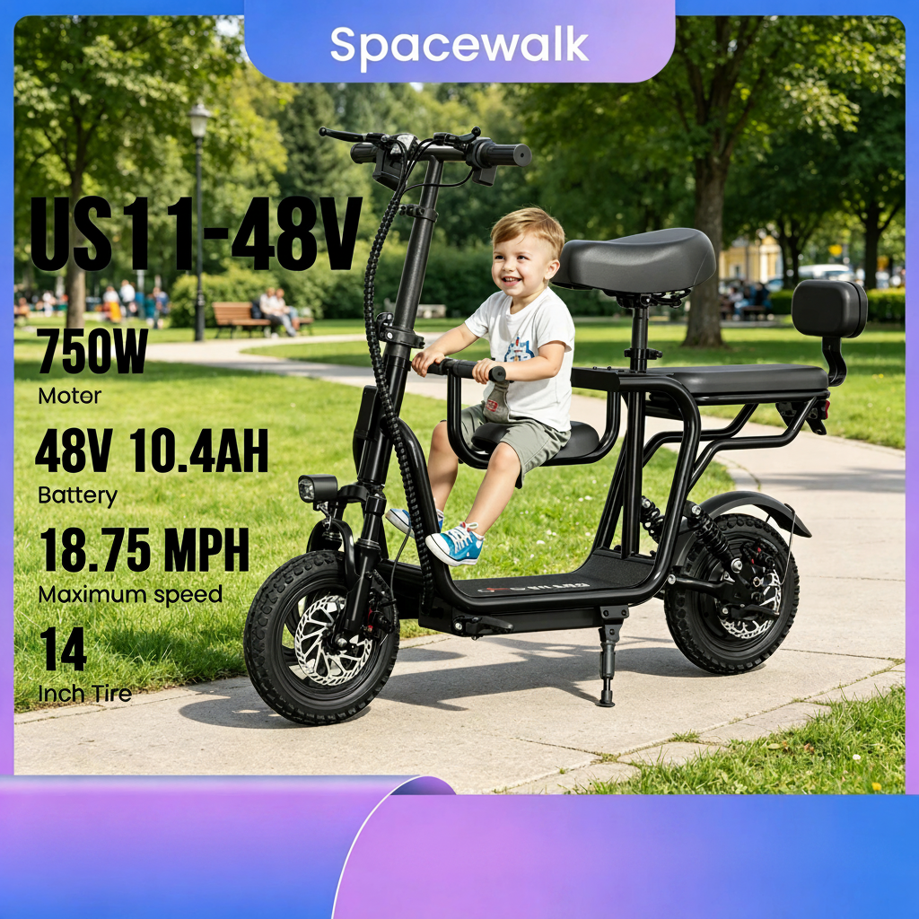 Side view of 48V electric scooter highlighting 14-inch tires