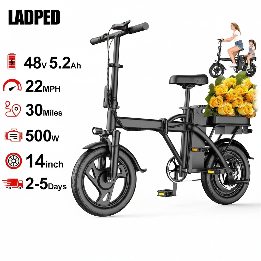 Side view of 500W electric bike showing compact frame and tires