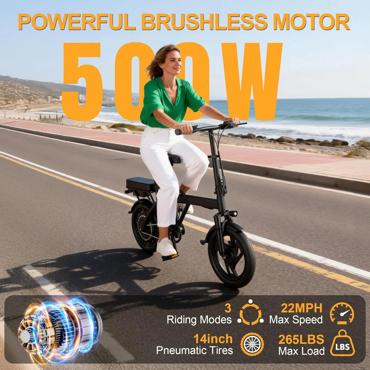 Side view of 500W electric bike showing compact frame and tires