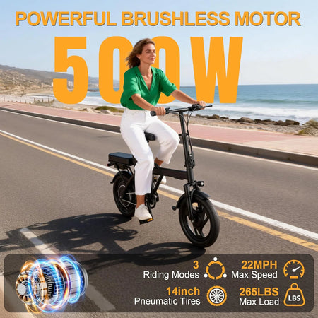 Side view of 500W electric bike showing compact frame and tires