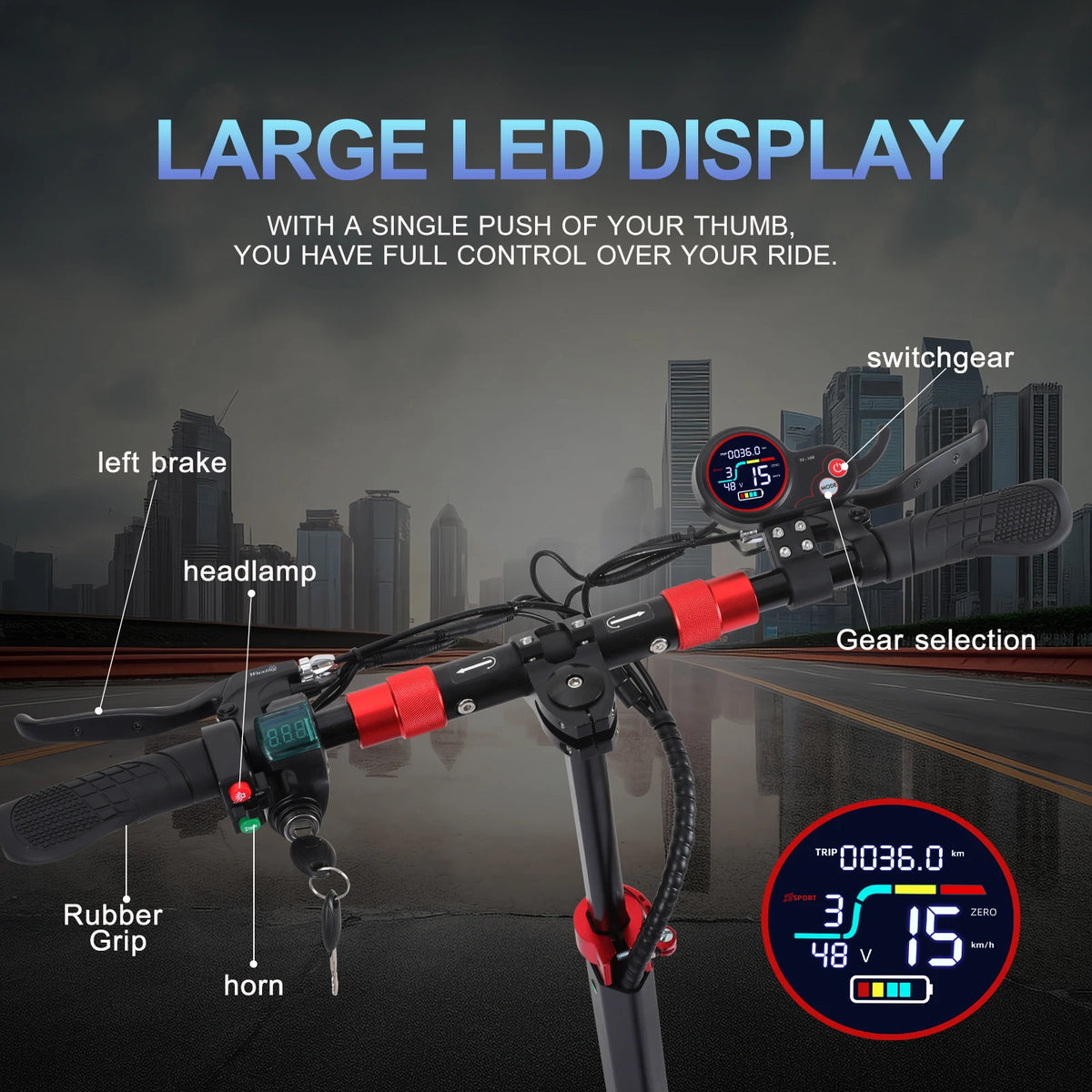Side view of FREEBOY electric kick scooter showing dual disc brakes and foldable frame