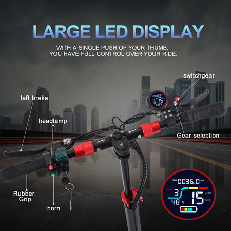 Side view of FREEBOY electric kick scooter showing dual disc brakes and foldable frame