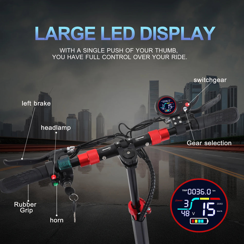 Side view of FREEBOY electric kick scooter showing dual disc brakes and foldable frame