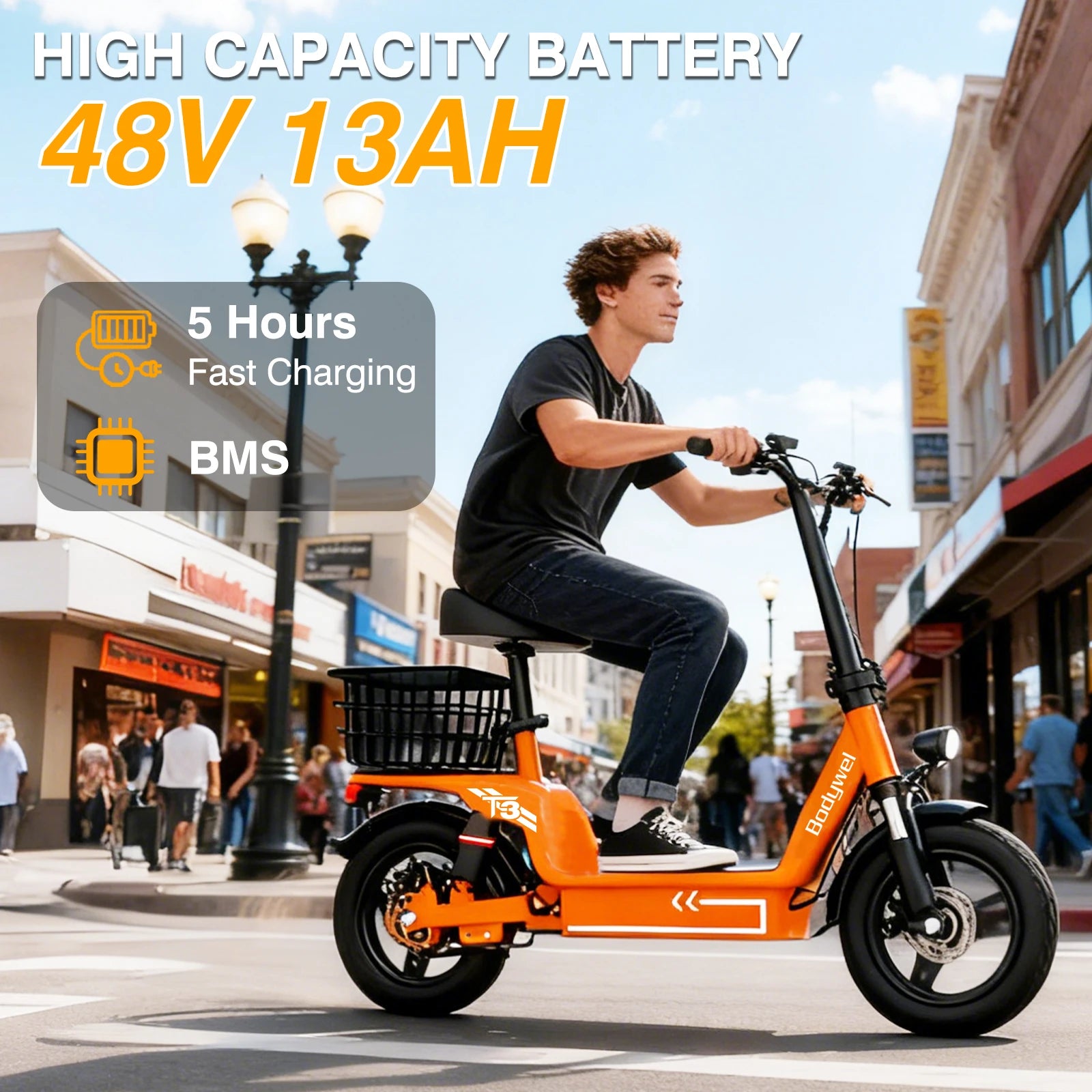Side view of the Bodywel T3 48V foldable e-scooter highlighting the full shock absorption suspension system.