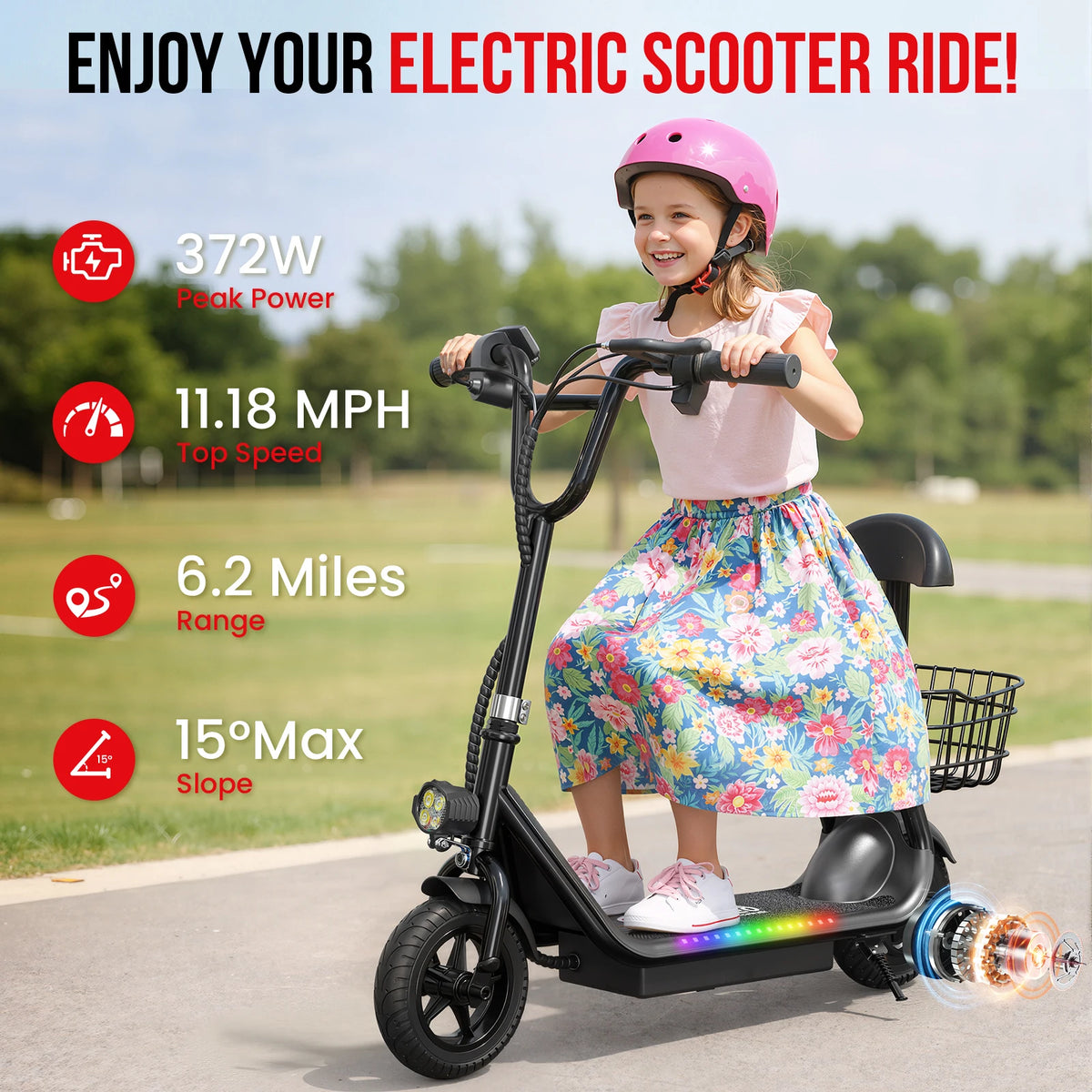 Side view of youth e-scooter highlighting LED light strip and deck