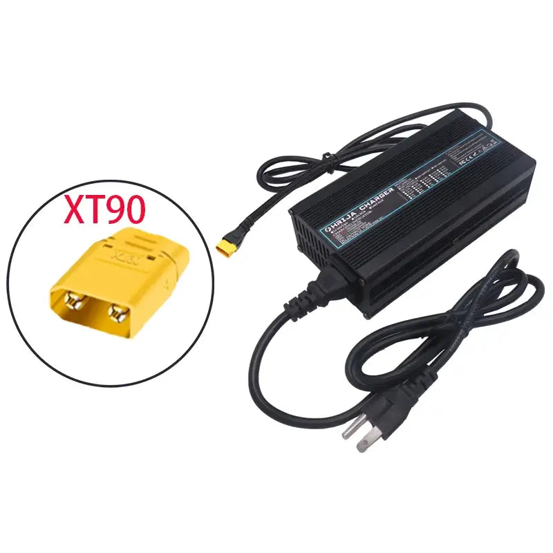 42V 10A Smart Lithium-Ion Battery Charger with Aluminum Case 37V 10S Battery for E-Bike & Balance Car, shown with XT90 connector.
