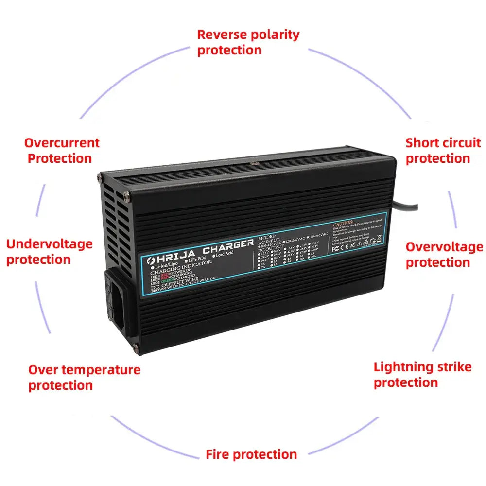 42V 10A Smart Lithium-Ion Battery Charger with Aluminum Case 37V 10S Battery for E-Bike & Balance Car - Protection Features