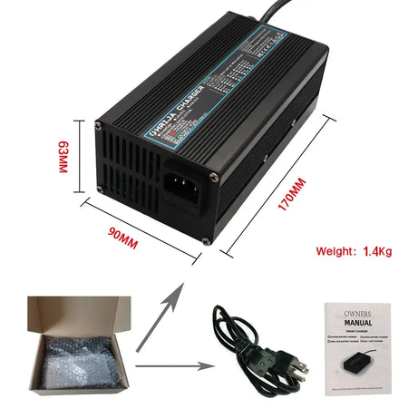 54.6V 10A Smart Lithium Battery Charger for 48V 13S Li-ion (10Ah-40Ah) Aluminum Case & Cooling Fan with dimensions and accessories.
