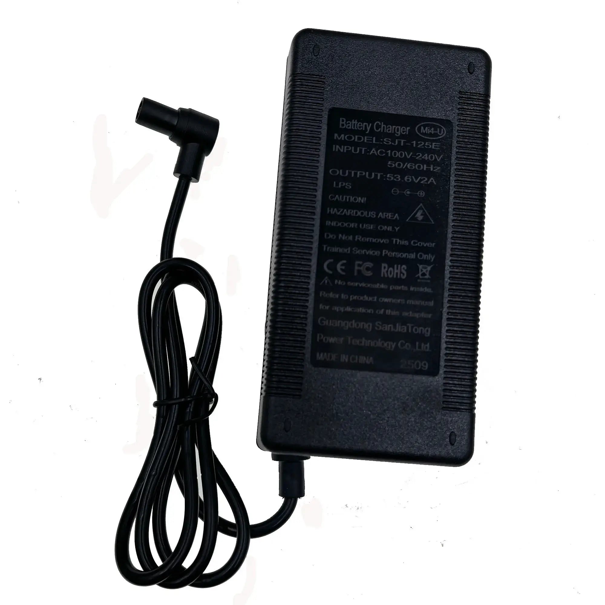 53.6V 2A Smart Lithium Battery Charger for 48V 13S Li-ion Battery (MI4 Ultra Plug) with detailed labeling.