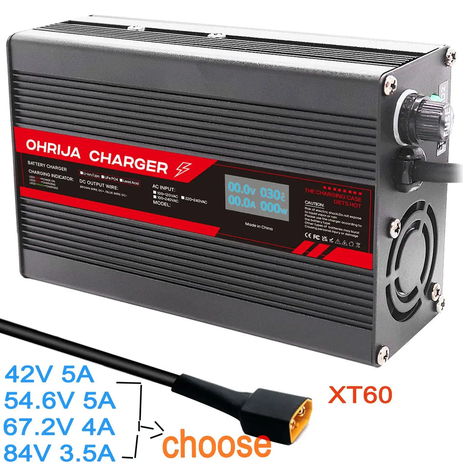 Smart Lithium Battery Charger with OLED Display 36V 48V 60V 72V XT60 Connector High-Precision 5A Fast Charger image showing various voltage options.