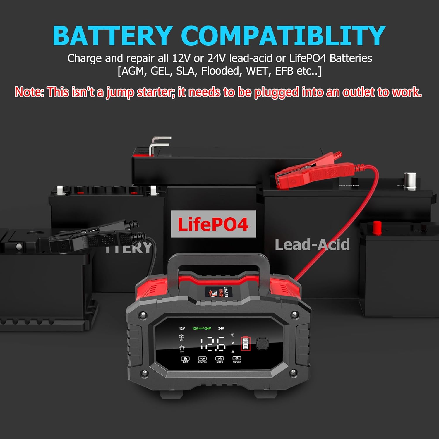 Smart car battery charger with LCD display