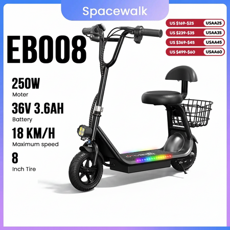 Spacewalk kids electric scooter with seat and basket parked outdoors