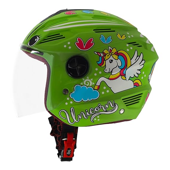 Steelbird SBA-6 Unicorn ISI Certified Open Face Graphic Helmet for Women and Kids (Matt Green with Clear Visor) Small 560 mm