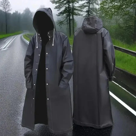 Stylish transparent unisex rain gear showing clothing underneath while staying dry.