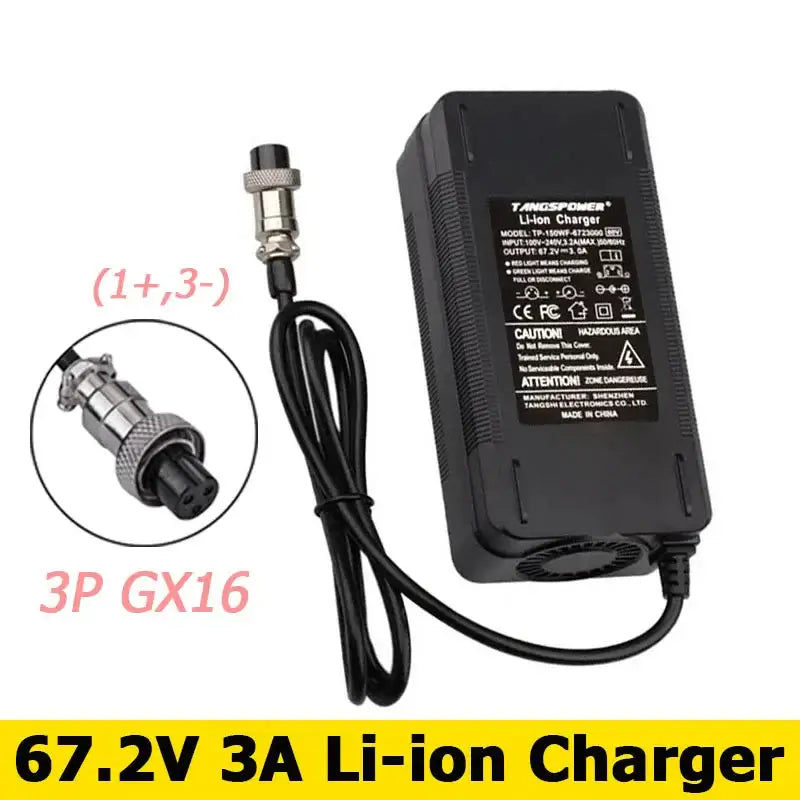 67.2V 2.15A Smart Lithium Battery Charger for 16S 60V Li-ion Packs with 3P GX16 connector.