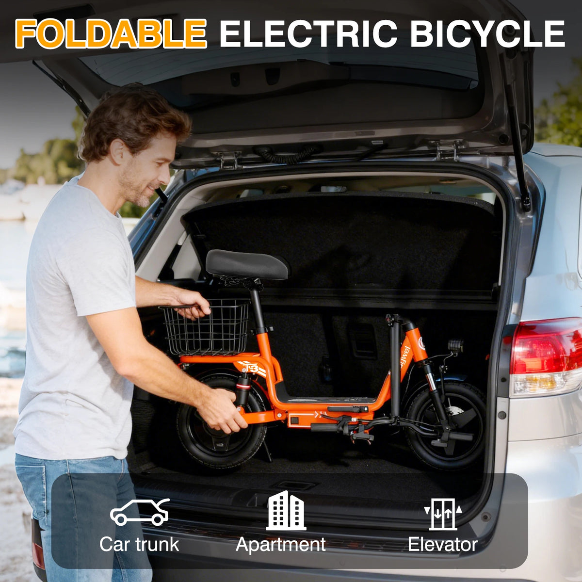 The Bodywel T3 portable e-scooter shown in its fully folded position for compact storage and easy transportation.