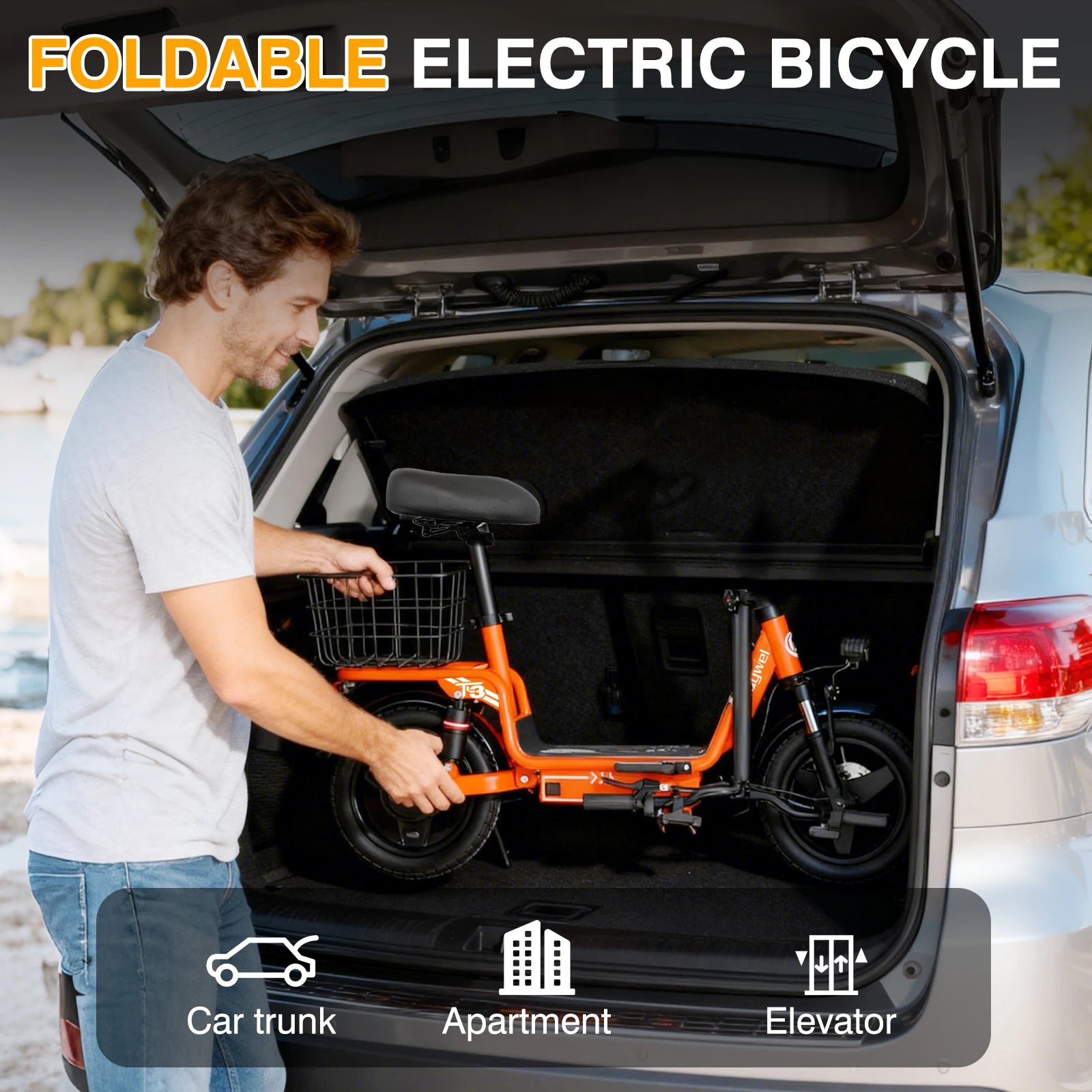 The Bodywel T3 portable e-scooter shown in its fully folded position for compact storage and easy transportation.