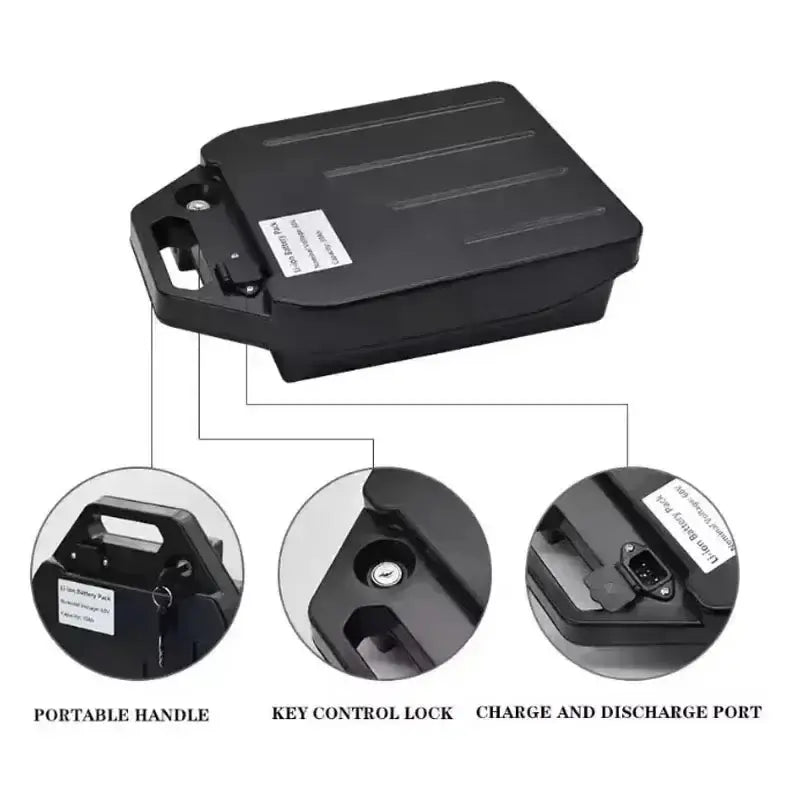 60V 20Ah-40Ah Li-ion Battery Pack for 2000W Harley Citycoco Electric Scooter Includes Free Charger features including portable handle.