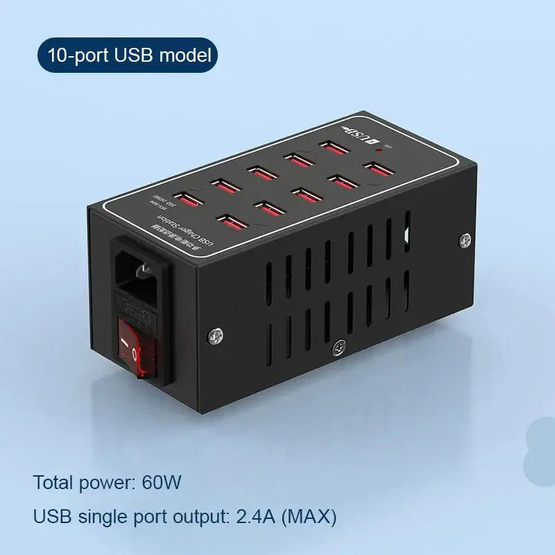 Multi-Port USB Desktop Station - 10/20/30/40/50/60 Port High Wattage Smart Charger with 10 USB ports and 60W power.
