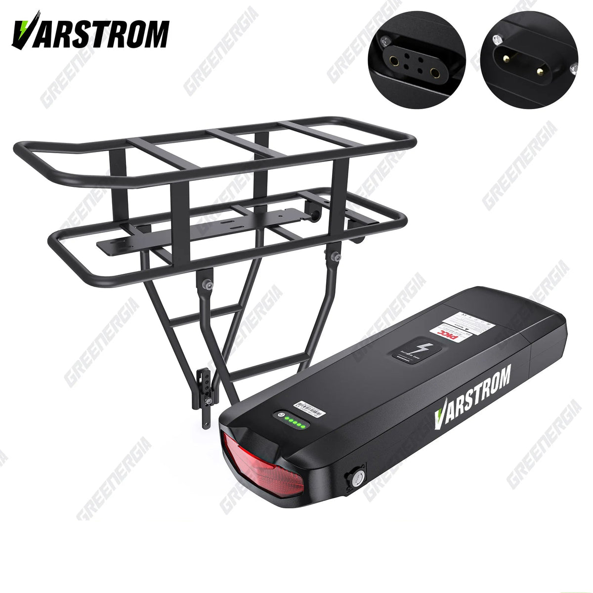 Varstrom rear rack e-bike lithium battery pack mounted on a rear carrier