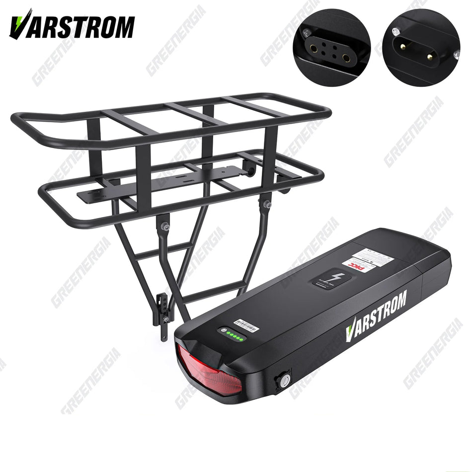 Varstrom rear rack e-bike lithium battery pack mounted on a rear carrier