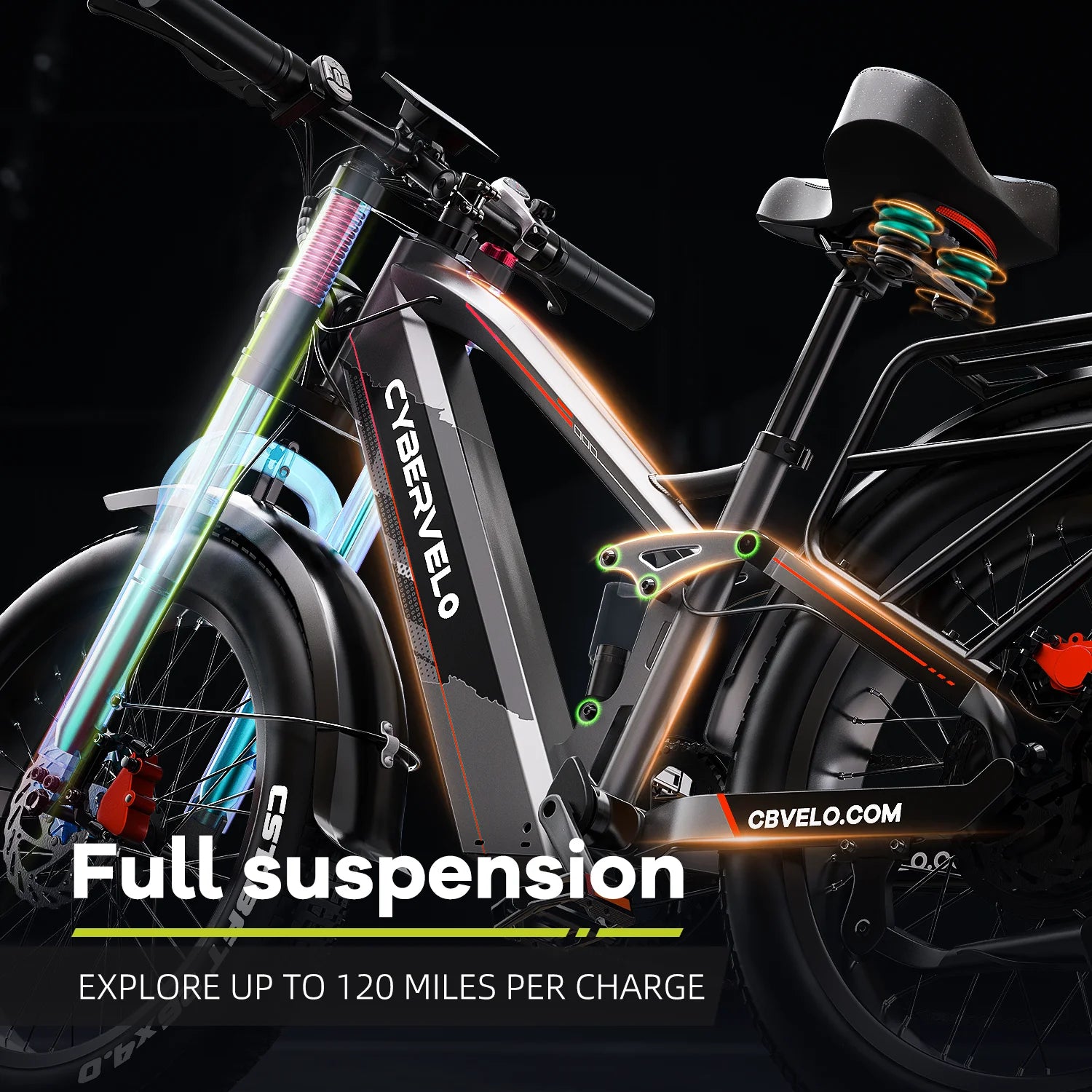 View of the high-capacity 52V/60V battery integration on the frame