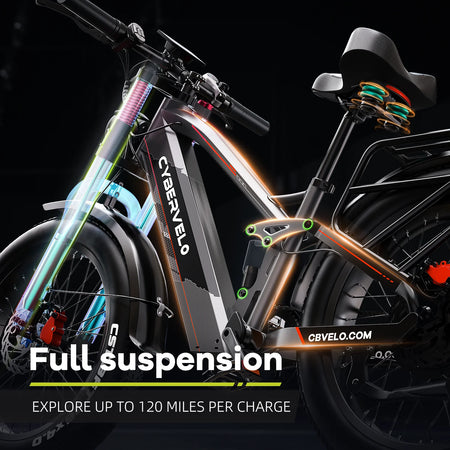 View of the high-capacity 52V/60V battery integration on the frame
