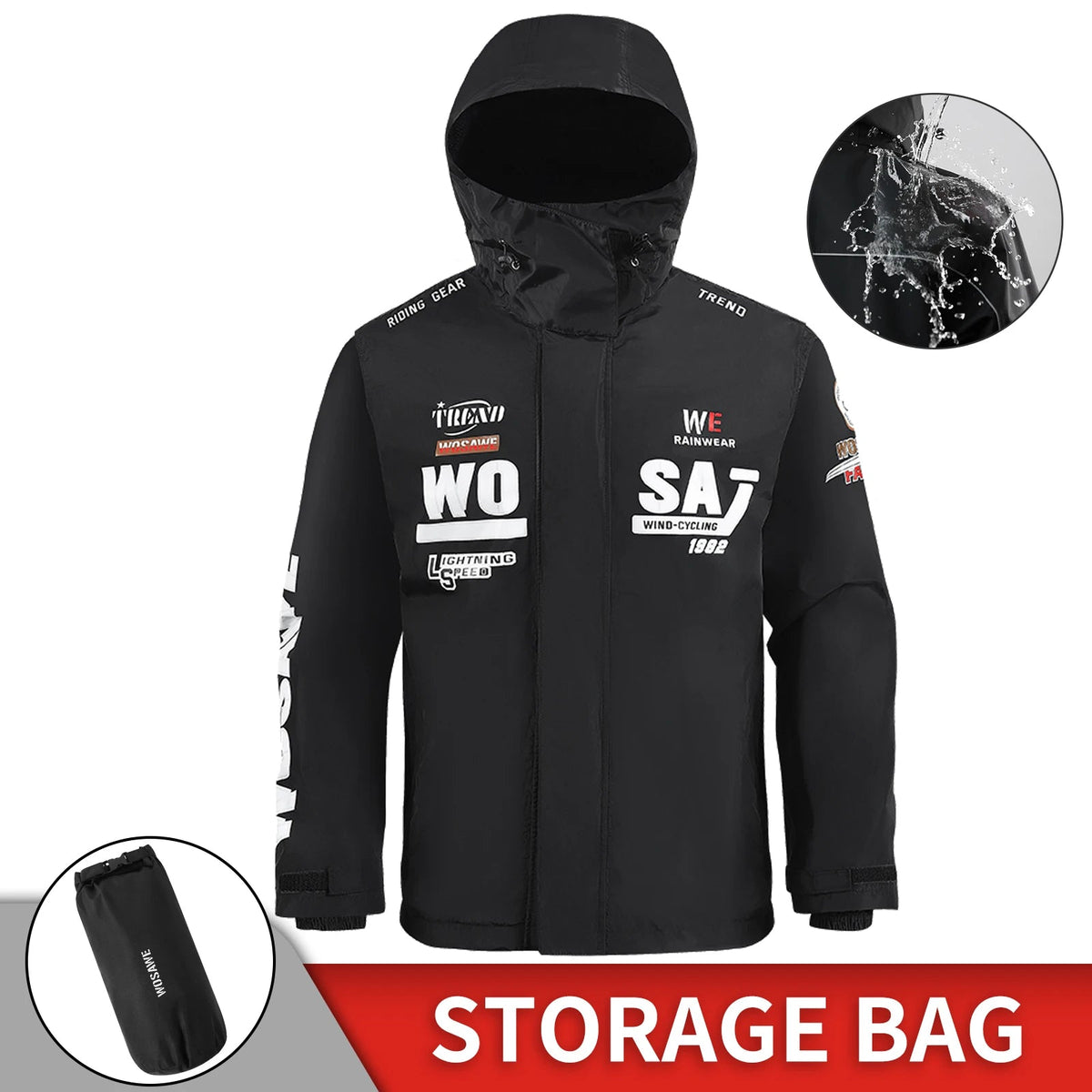 WOSAWE waterproof motorcycle raincoat unisex rain jacket in black for all-weather riding.