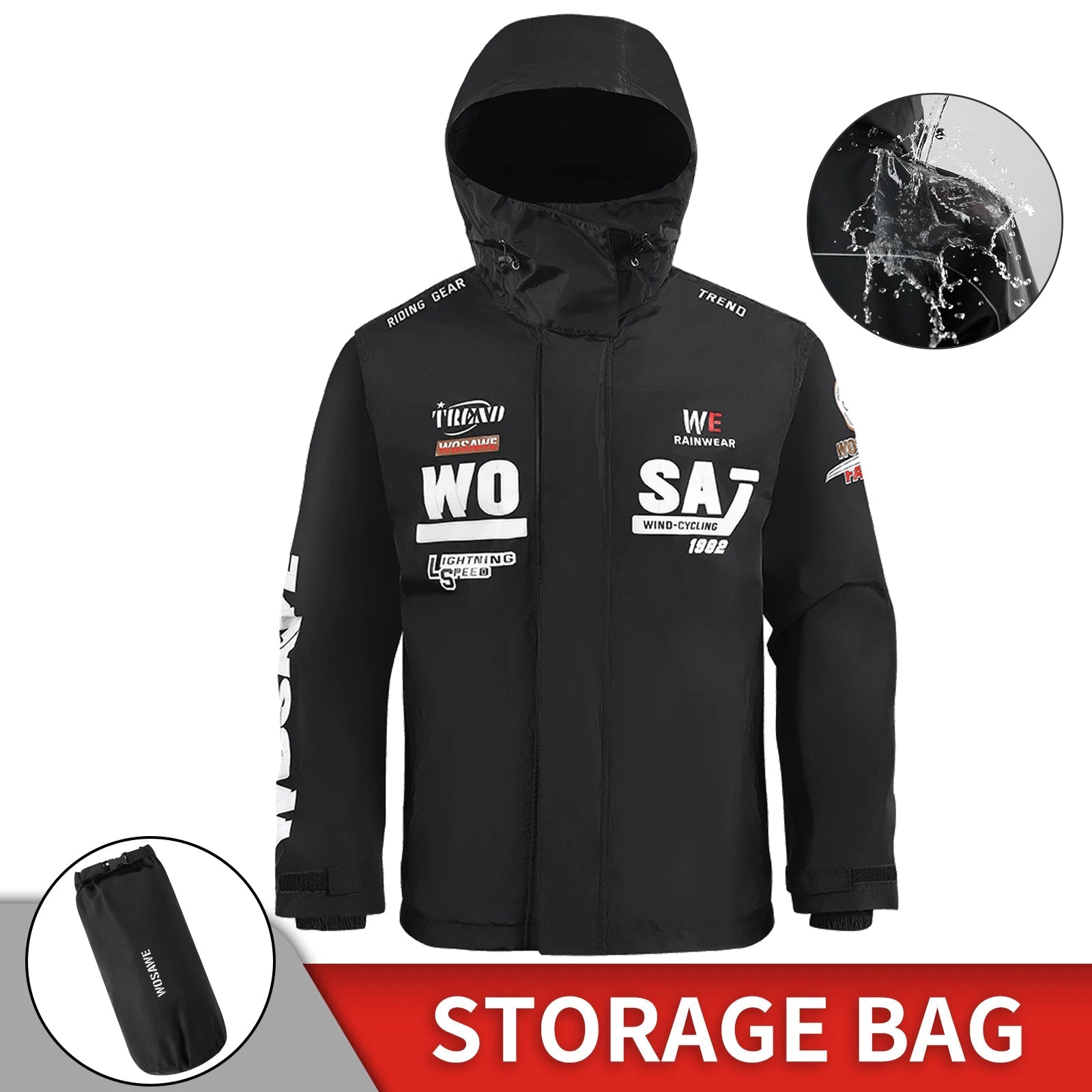 WOSAWE waterproof motorcycle raincoat unisex rain jacket in black for all-weather riding.