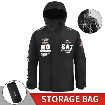 WOSAWE waterproof motorcycle raincoat unisex rain jacket in black for all-weather riding.
