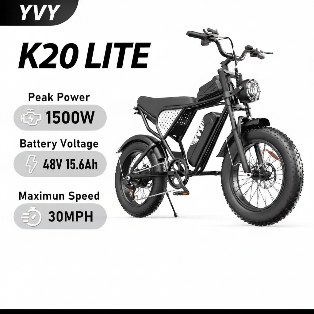 YVY K20 Lite electric mountain bike parked on an outdoor trail showcasing its 20-inch fat tires