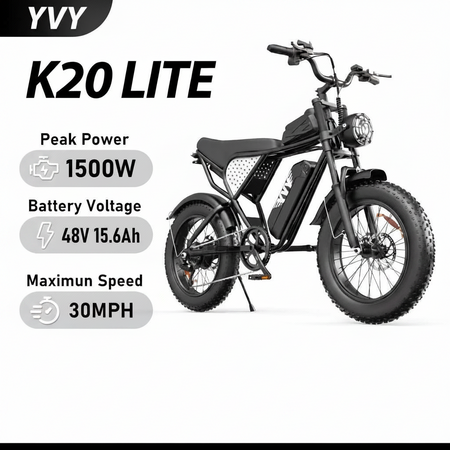 YVY K20 Lite electric mountain bike parked on an outdoor trail showcasing its 20-inch fat tires