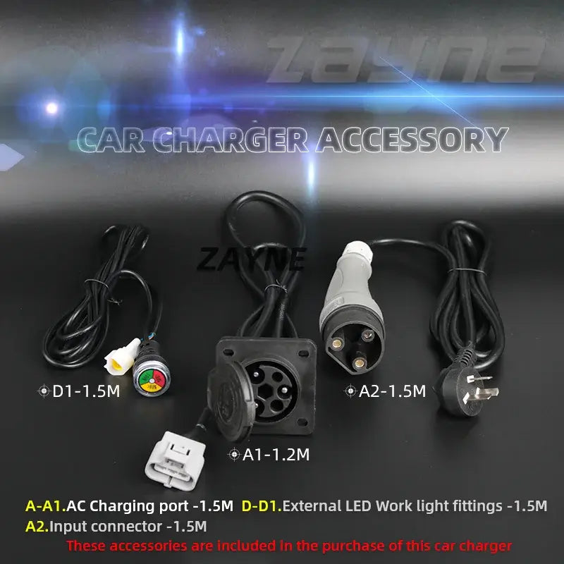Car charger accessory components including AC charging port and input connector for ZAYNE products.