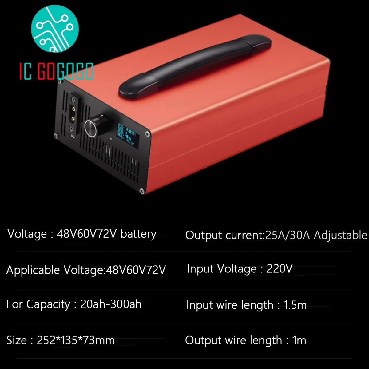 Adjustable High-Power Smart Charger 36V-84V 3A-30A for Li-ion & LiFePO4 with adjustable output and specifications.