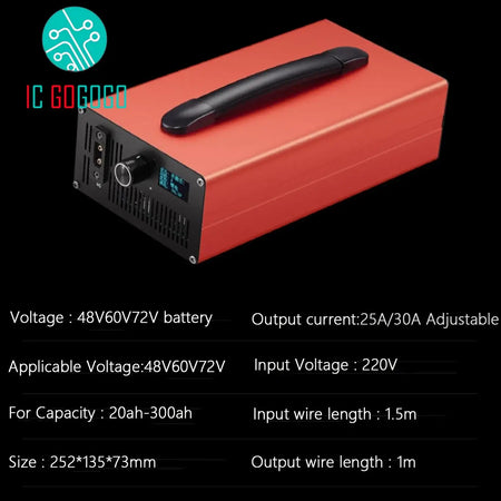 Adjustable High-Power Smart Charger 36V-84V 3A-30A for Li-ion & LiFePO4 with adjustable output and specifications.