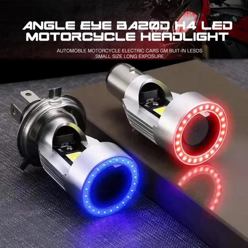   H4 BA20D Blue/Red Angel Eye LED Motorcycle Headlight